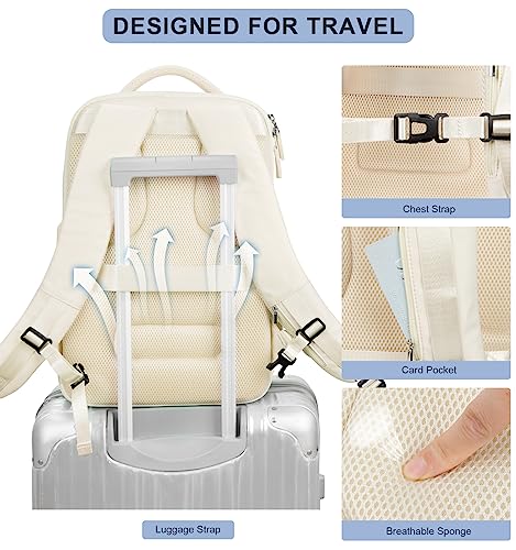 Hp hope Travel Backpack for Women Men, Expandable Airline Approved Carry On Backpack Flight Approved, Waterproof Hiking Weekender Backpack with USB Charging Port & Shoes Compartment, White