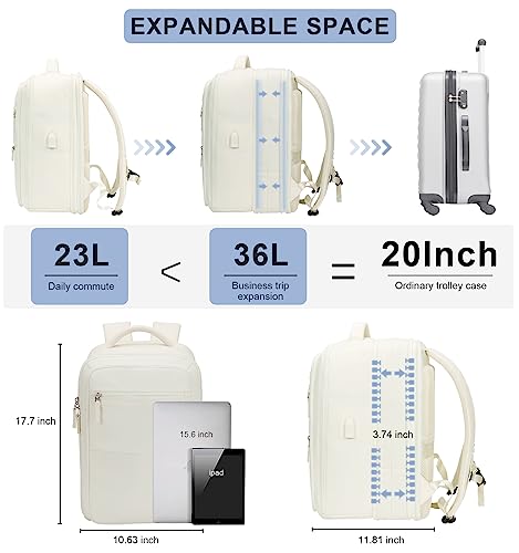 Hp hope Travel Backpack for Women Men, Expandable Airline Approved Carry On Backpack Flight Approved, Waterproof Hiking Weekender Backpack with USB Charging Port & Shoes Compartment, White