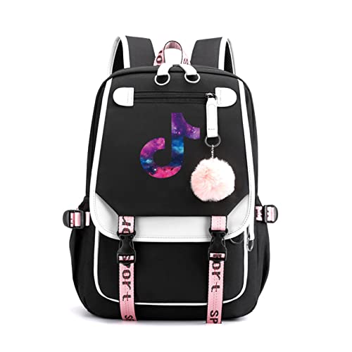 RUILIHIAO Teenage USB Port Backpack Black Pink Plush Ball Pendant School bag Outdoor Travel Daypack Bookbag (Pattern 1)