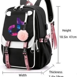 RUILIHIAO Teenage USB Port Backpack Black Pink Plush Ball Pendant School bag Outdoor Travel Daypack Bookbag (Pattern 1)