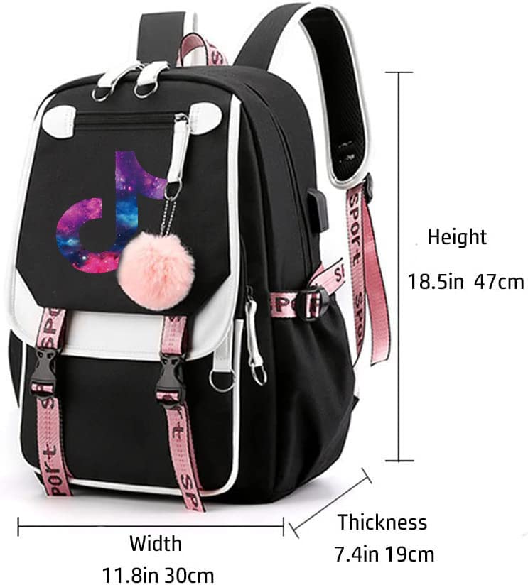 RUILIHIAO Teenage USB Port Backpack Black Pink Plush Ball Pendant School bag Outdoor Travel Daypack Bookbag (Pattern 1)