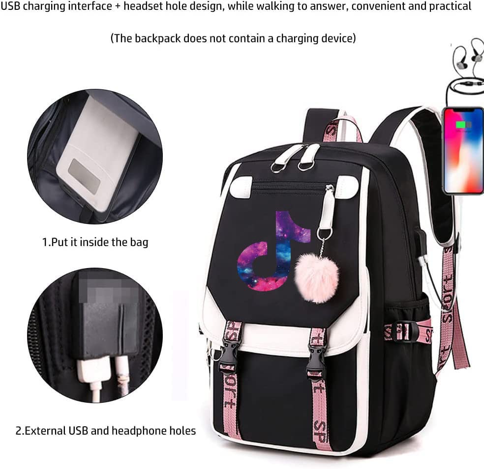 RUILIHIAO Teenage USB Port Backpack Black Pink Plush Ball Pendant School bag Outdoor Travel Daypack Bookbag (Pattern 1)