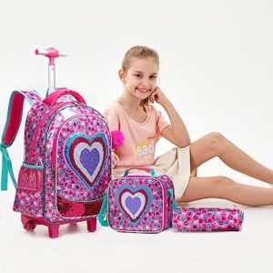 JSMNIAI Rolling Backpack for Girls Backpack with Wheels Kids Luggage for Elementary Students with Lunch Box Set Love Travel Suitcase for Girls Age 6-8