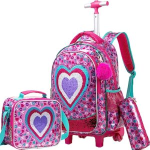 jsmniai rolling backpack for girls backpack with wheels kids luggage for elementary students with lunch box set love travel suitcase for girls age 6-8