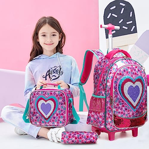 JSMNIAI Rolling Backpack for Girls Backpack with Wheels Kids Luggage for Elementary Students with Lunch Box Set Love Travel Suitcase for Girls Age 6-8