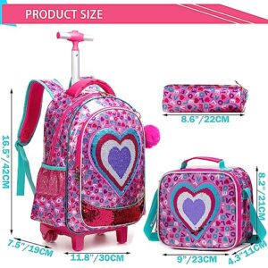 JSMNIAI Rolling Backpack for Girls Backpack with Wheels Kids Luggage for Elementary Students with Lunch Box Set Love Travel Suitcase for Girls Age 6-8