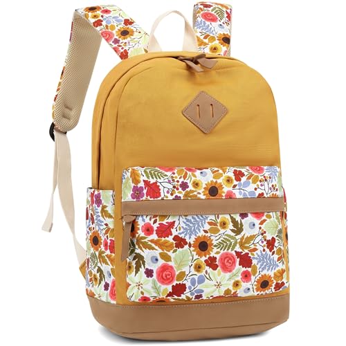 Leaper Girls Cute Floral Canvas Backpack Laptop Backpack Casual Shoulder Bag Satchel Daypack Sunflower Yellow