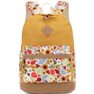 Leaper Girls Cute Floral Canvas Backpack Laptop Backpack Casual Shoulder Bag Satchel Daypack Sunflower Yellow