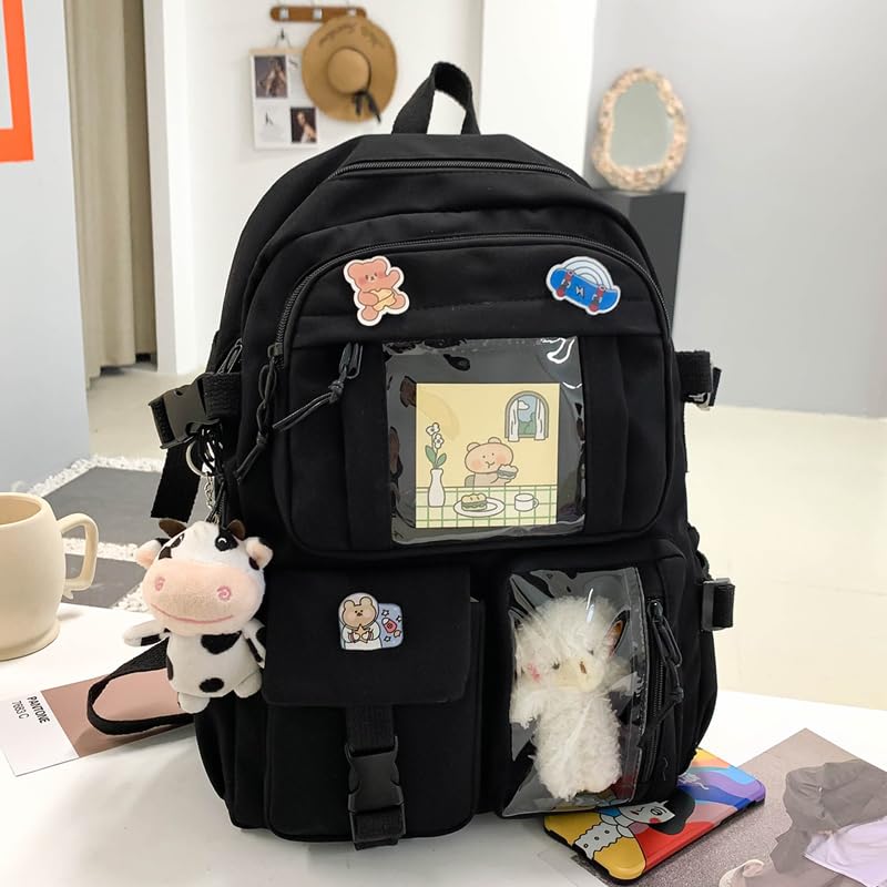 TUMPETY Cute Backpack Cute Kawaii Backpack for Girls Kawaii School Backpack Anime Backpack Keychain Pendant Light Travel Backpack (black)