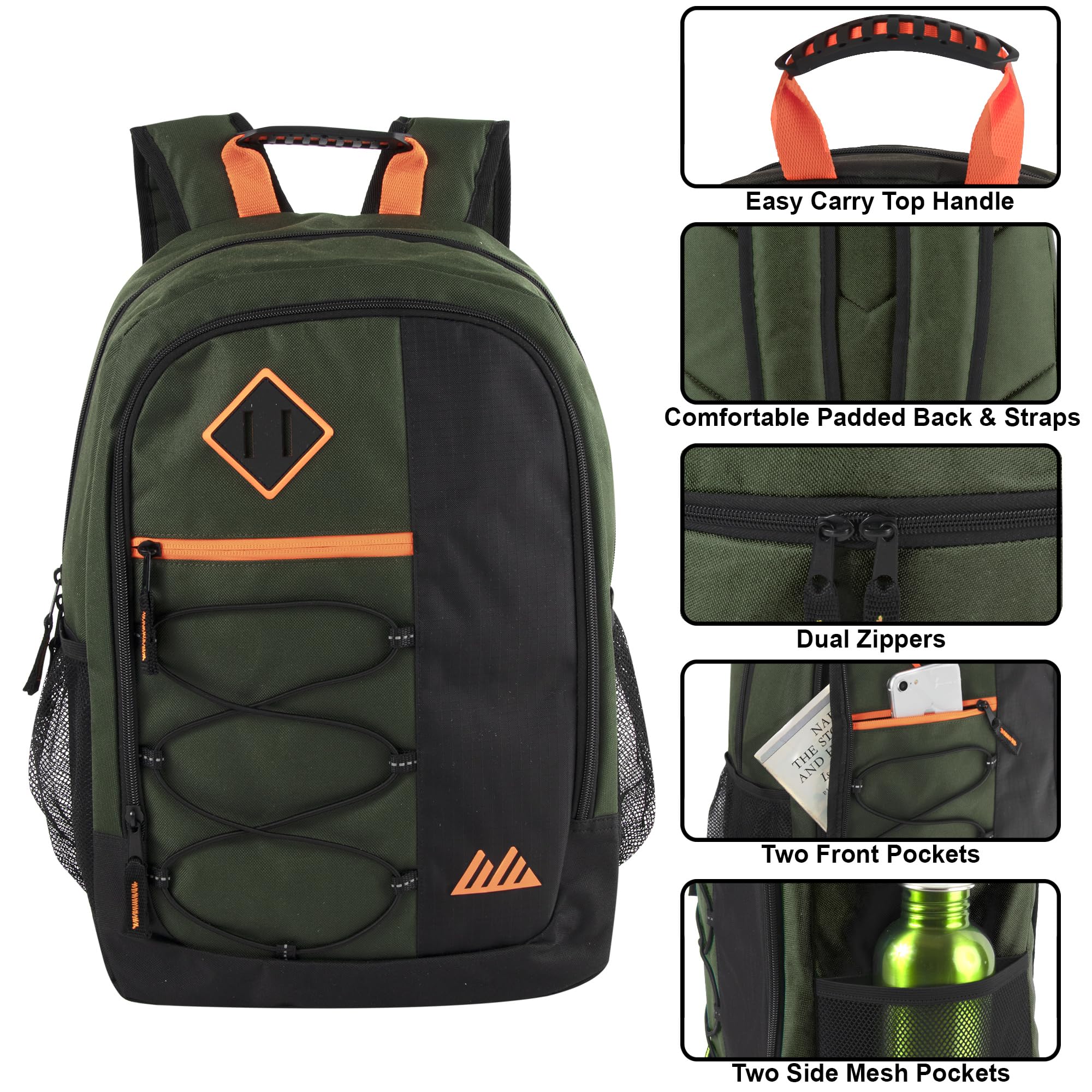 Summit Ridge Dual Compartment 18 Backpack with Bungee Cord Front for Men, College, Travel, Camping (Green)