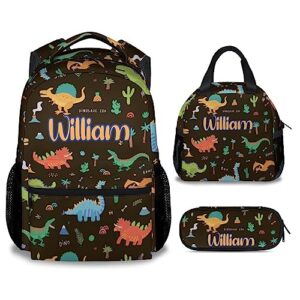 custom dinosaur backpack with lunch box for boys girls, personalized set of 3 school backpacks matching combo, cute colorful bookbag and pencil case bundle