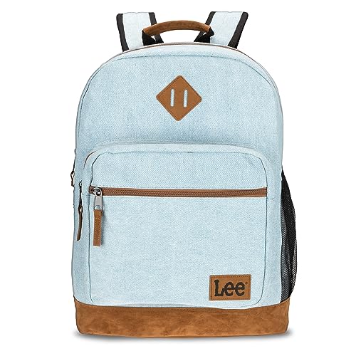 Lee Heritage Sturdy Backpack for Travel Classic Logo Water Resistant Casual Daypack for Travel with Padded Laptop Notebook Sleeve (Light Denim)