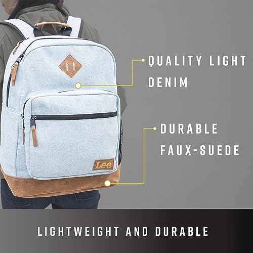 Lee Heritage Sturdy Backpack for Travel Classic Logo Water Resistant Casual Daypack for Travel with Padded Laptop Notebook Sleeve (Light Denim)