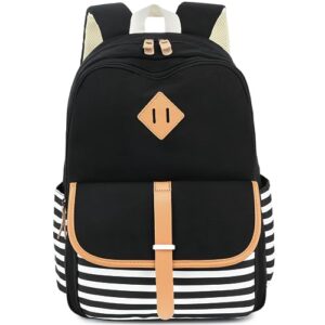 leaper women striped canvas backpack large laptop bag girls travel shoulder bag bag daypack black