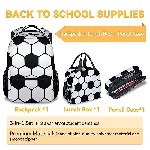 Sharecolor Soccer Backpack with Lunch Box - Set of 3 School Backpacks Matching Combo - Cute White Bookbag and Pencil Case Bundle