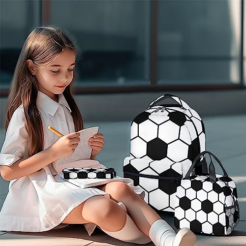 Sharecolor Soccer Backpack with Lunch Box - Set of 3 School Backpacks Matching Combo - Cute White Bookbag and Pencil Case Bundle