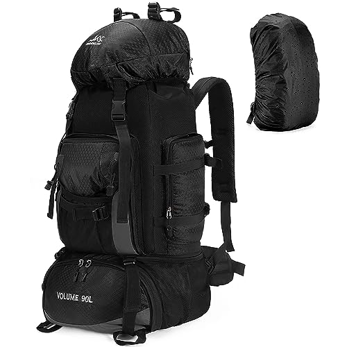 Unineovo 90L Camping Hiking Backpack for Women Men, Rainproof Travel Backpack with Rain Cover for Hiking (Black)