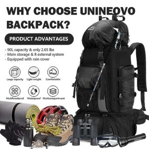 Unineovo 90L Camping Hiking Backpack for Women Men, Rainproof Travel Backpack with Rain Cover for Hiking (Black)