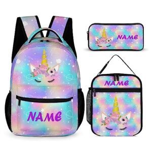 mrokouay custom school backpack with lunch bag pencil case unicorn galaxy flower personalized 3 in 1 bookbags set customization backpack for girls boys