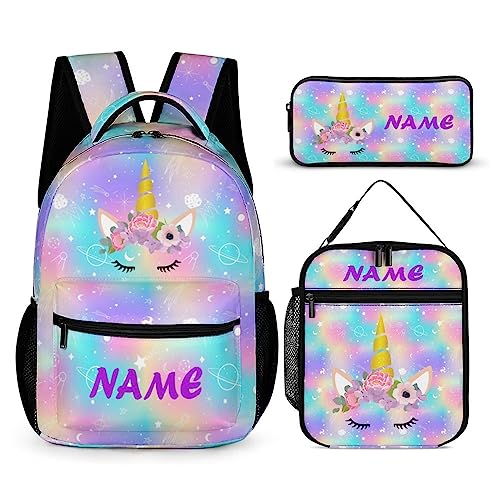 Mrokouay Custom School Backpack with Lunch Bag Pencil Case Unicorn Galaxy Flower Personalized 3 in 1 Bookbags Set Customization Backpack for Girls Boys