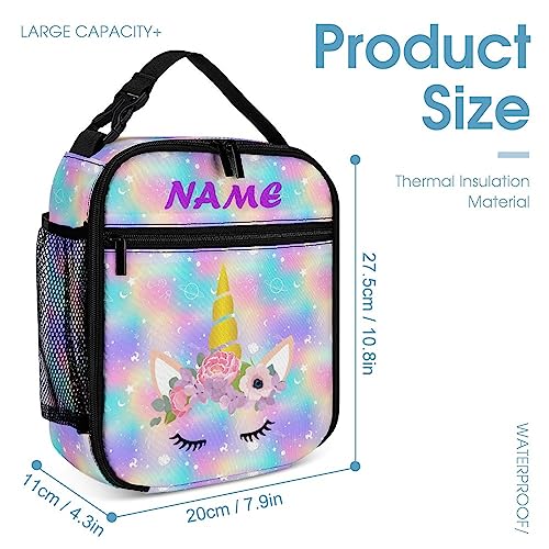 Mrokouay Custom School Backpack with Lunch Bag Pencil Case Unicorn Galaxy Flower Personalized 3 in 1 Bookbags Set Customization Backpack for Girls Boys