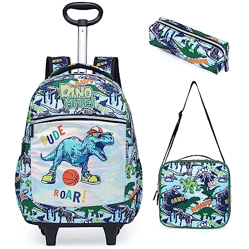 Egchescebo Kids Dinosaurs Rolling Backpack for Boys Suitcases Backpacks 18" 3PCS Travel Luggage Roller Backpacks Wheels with Lunch Box Pencil Case for Elementary School Bag With O-Handle Trolley Bags