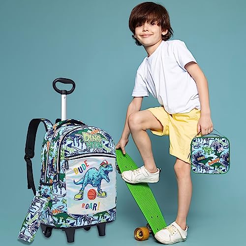 Egchescebo Kids Dinosaurs Rolling Backpack for Boys Suitcases Backpacks 18" 3PCS Travel Luggage Roller Backpacks Wheels with Lunch Box Pencil Case for Elementary School Bag With O-Handle Trolley Bags