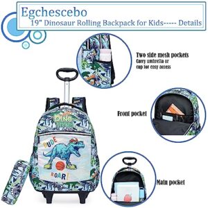 Egchescebo Kids Dinosaurs Rolling Backpack for Boys Suitcases Backpacks 18" 3PCS Travel Luggage Roller Backpacks Wheels with Lunch Box Pencil Case for Elementary School Bag With O-Handle Trolley Bags