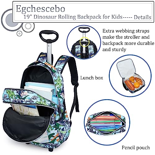 Egchescebo Kids Dinosaurs Rolling Backpack for Boys Suitcases Backpacks 18" 3PCS Travel Luggage Roller Backpacks Wheels with Lunch Box Pencil Case for Elementary School Bag With O-Handle Trolley Bags