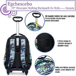 Egchescebo Kids Dinosaurs Rolling Backpack for Boys Suitcases Backpacks 18" 3PCS Travel Luggage Roller Backpacks Wheels with Lunch Box Pencil Case for Elementary School Bag With O-Handle Trolley Bags