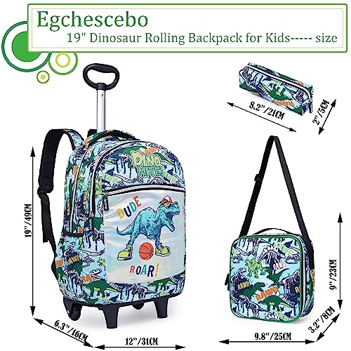 Egchescebo Kids Dinosaurs Rolling Backpack for Boys Suitcases Backpacks 18" 3PCS Travel Luggage Roller Backpacks Wheels with Lunch Box Pencil Case for Elementary School Bag With O-Handle Trolley Bags