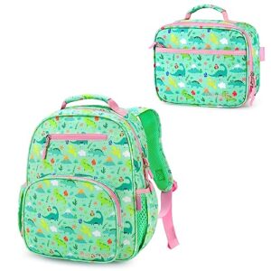 mibasies girls backpack for elementary school with insulated lunch bag (light green dinosaur forset)