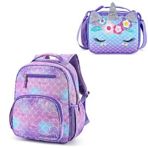 mibasies girls backpack for elementary school, backpack for girls 5-8 with lunch box(mermaid)