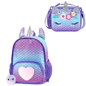 mibasies kids unicorn backpack for girls rainbow school bag with lunch box((mermaid purple)
