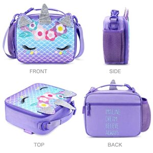 mibasies Kids Unicorn Backpack for Girls Rainbow School Bag with Lunch Box((Mermaid Purple)