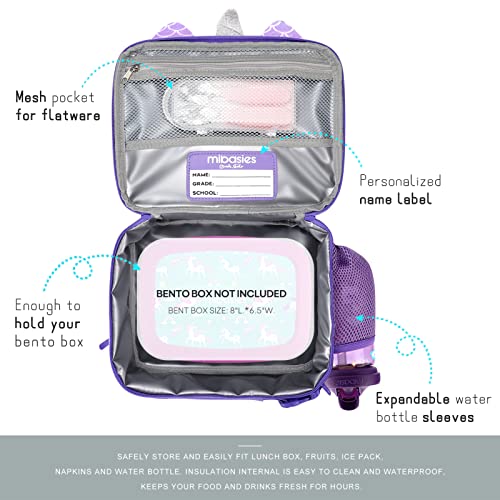 mibasies Kids Unicorn Backpack for Girls Rainbow School Bag with Lunch Box((Mermaid Purple)