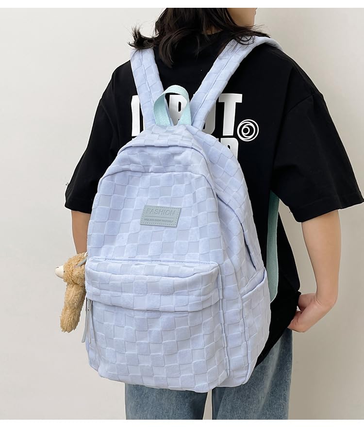 MININAI Aesthetic Checkered Backpack Light Academia Plaid Backpack Cute Preppy Backpack Fit 15.6 Inch Laptop Light Rucksack (Blue,One Size)