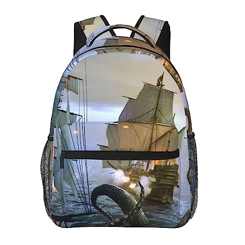 EVANEM Octopus Pirate Ship Printed Laptop Backpack Casual Backpack Lightweight Travel Backpack Hiking Backpack Work Backpack For Aldult