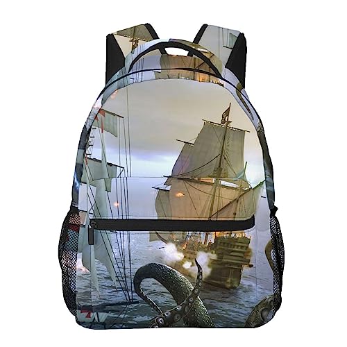 EVANEM Octopus Pirate Ship Printed Laptop Backpack Casual Backpack Lightweight Travel Backpack Hiking Backpack Work Backpack For Aldult