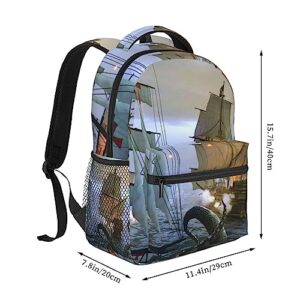 EVANEM Octopus Pirate Ship Printed Laptop Backpack Casual Backpack Lightweight Travel Backpack Hiking Backpack Work Backpack For Aldult