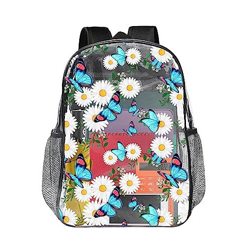 Qlonrewt Clear Backpack for Girls Boys, Butterfly Daisy Clear Backpack Heavy Duty for School, Large Clear Bookbag Transparent Backpack See Through Bag for Kids Women for College Work Travel