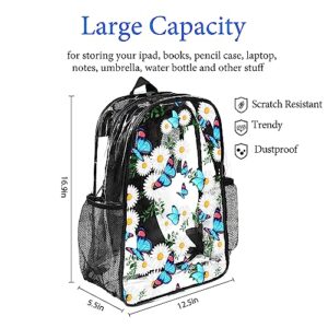 Qlonrewt Clear Backpack for Girls Boys, Butterfly Daisy Clear Backpack Heavy Duty for School, Large Clear Bookbag Transparent Backpack See Through Bag for Kids Women for College Work Travel