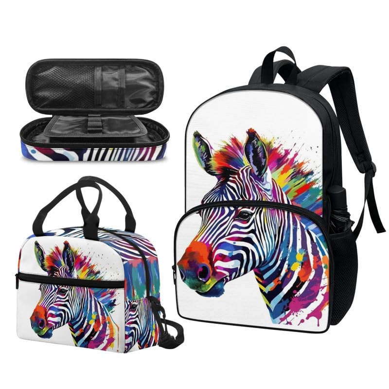 Uskorhein Rainbow Zebra School Backpack Set Fashion Student Book Backpack and Lunch Box Pencil Case Set Lightweight Backpacks for Teen Girls Boys