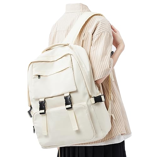 WEPOET Aesthetic College Backpack For Women Cute School Backpacks Casual Daypack Water Ressistant Travel Rucksack Laptop Backpack Middle School Bag For Teen Girls(Beige)