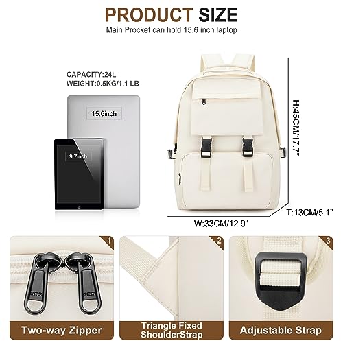 WEPOET Aesthetic College Backpack For Women Cute School Backpacks Casual Daypack Water Ressistant Travel Rucksack Laptop Backpack Middle School Bag For Teen Girls(Beige)