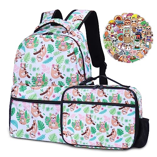 Lopevctor Sloth Backpack Set for Boys Girls, Kids Sloth Backpack for School with Lunch Bag and Stickers, Cute Sloth Bookbag School Bag Set for Students