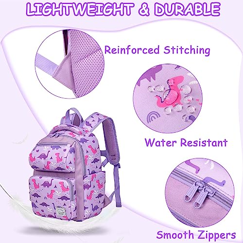 VASCHY Toddler Backpack for Girls, Kids Cute Kindergarten Daycare Children 7L Small Backpack Bookbag for School Travel Lilac Dinosaurs