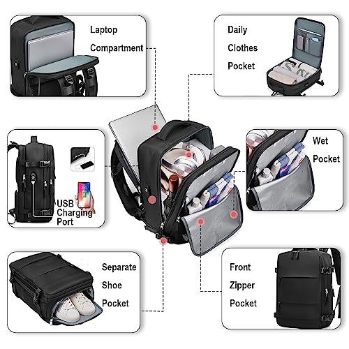 Somago Travel Backpack With 3 Large Compartments Airline Approved Carry On Backpack Casual Daypacks Fits up to 16Inch Laptop (Black)