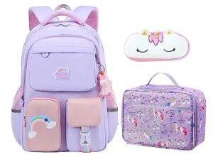 uamdrup kids purple unicorn backpack for girl, cute lightweight durable large capacity school bookbag waterproof travel bag with lunchbag
