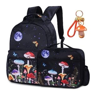 lopevctor mushroom backpack set for girls women, mushroom backpack with lunch bag and keychain, mushroom gifts daypack bookbag for school